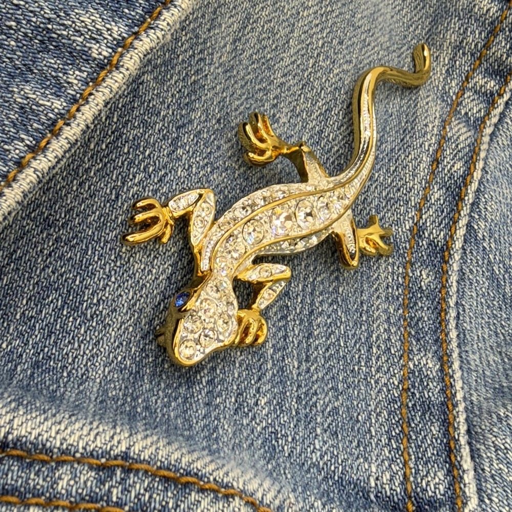 Lizard Gecko Brooch Signed PS Co Gold Tone Rhinestone Clear Crystal Figural Pin